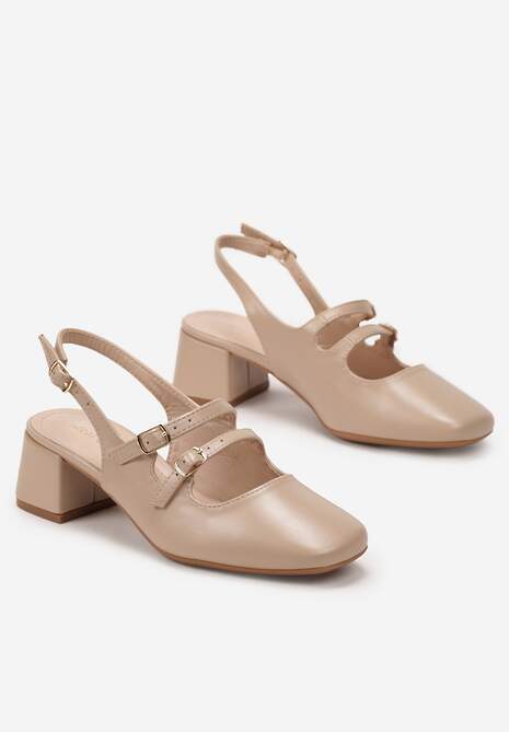Beżowe Czółenka z Imitacji Skóry ze Sprzączkami na Niskim Słupku Anelive