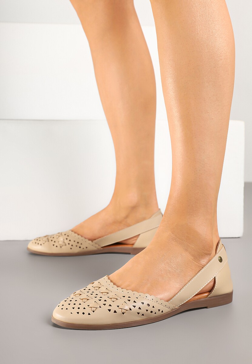 Beżowe Ażurowe Balerinki z Ozdobnymi Wycięciami Damirra