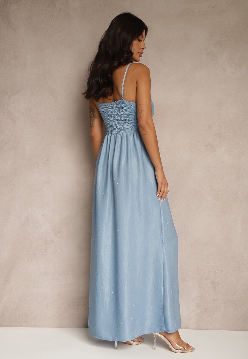 Jasnoniebieska Wiskozowa Sukienka o Kopertowym Kroju na Ramiączkach z Cyrkoniami Aravice