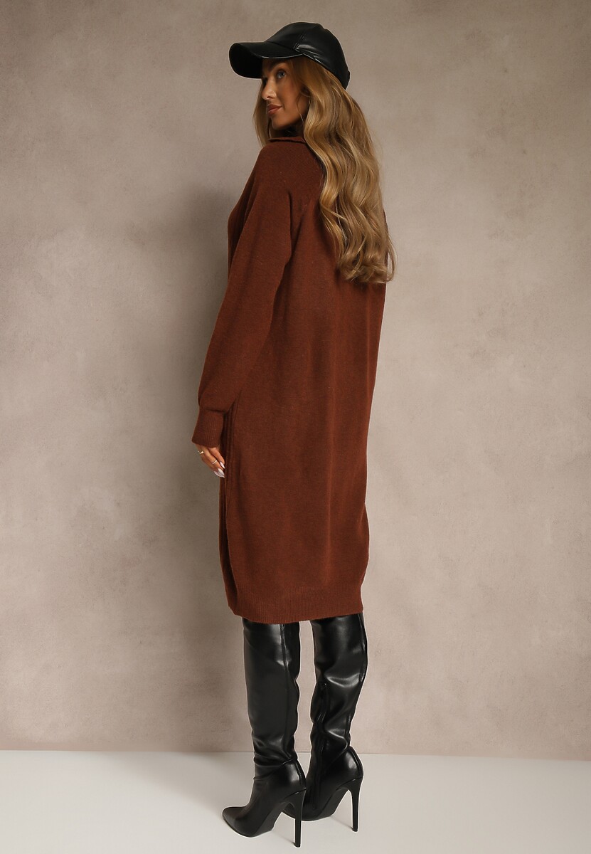 Brązowa Sweterkowa Sukienka z Bawełną i Wełną Ozdobiona Suwakiem Reinda