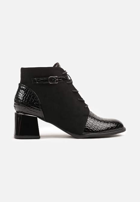 Czarne Botki Vices Typu Trzewiki na Słupku z Lakierowanymi Wstawkami i Klamrą Madvira