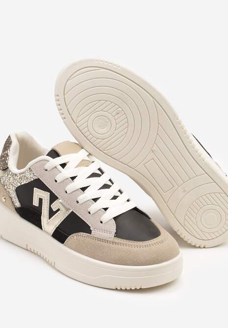 Czarno-Beżowe Sneakersy Ozdobione Metalicznymi Aplikacjami i Brokatem Pilliossa