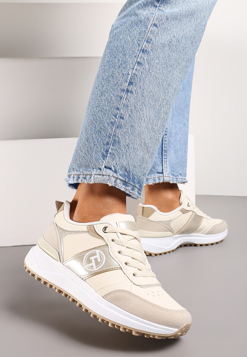 Biało-Srebrne Sznurowane Sneakersy z Brokatem i Siateczką na Grubej Podeszwie Leviria