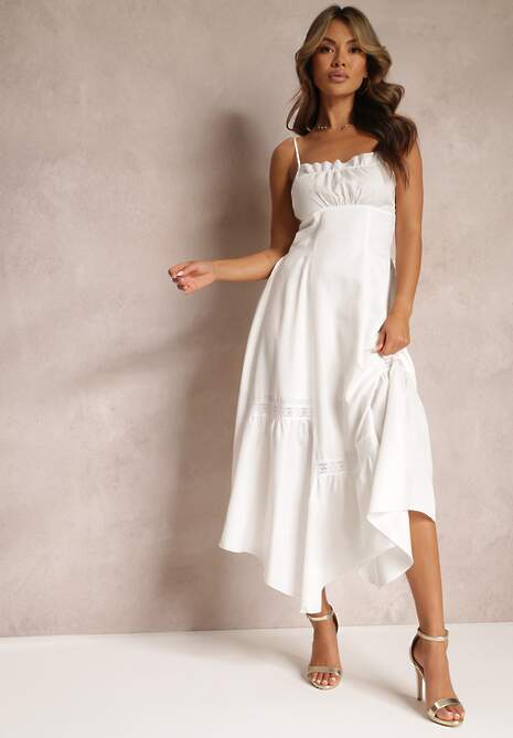 Biała Rozkloszowana Sukienka Maxi z Asymetrycznym Dołem Chelsene