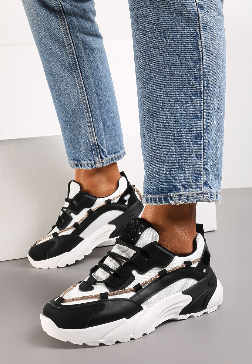 Czarne Sneakersy  z Ozdobnym Sznurkiem z Cyrkoniami Saerina