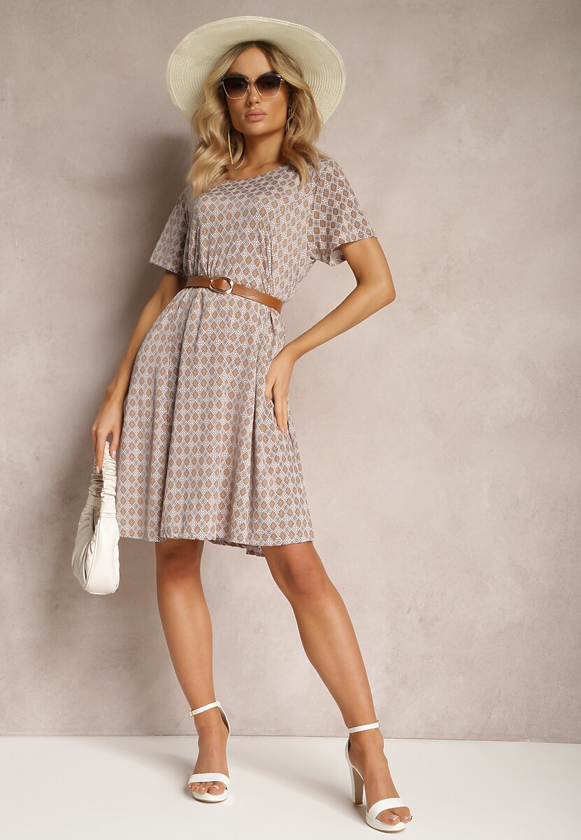 Brązowo-Beżowa Sukienka Mini z Wiskozy z Rozkloszowanym Dołem Lontassa