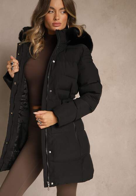 Czarna Pikowana Kurtka Zimowa z Kapturem z Futerkiem Goella