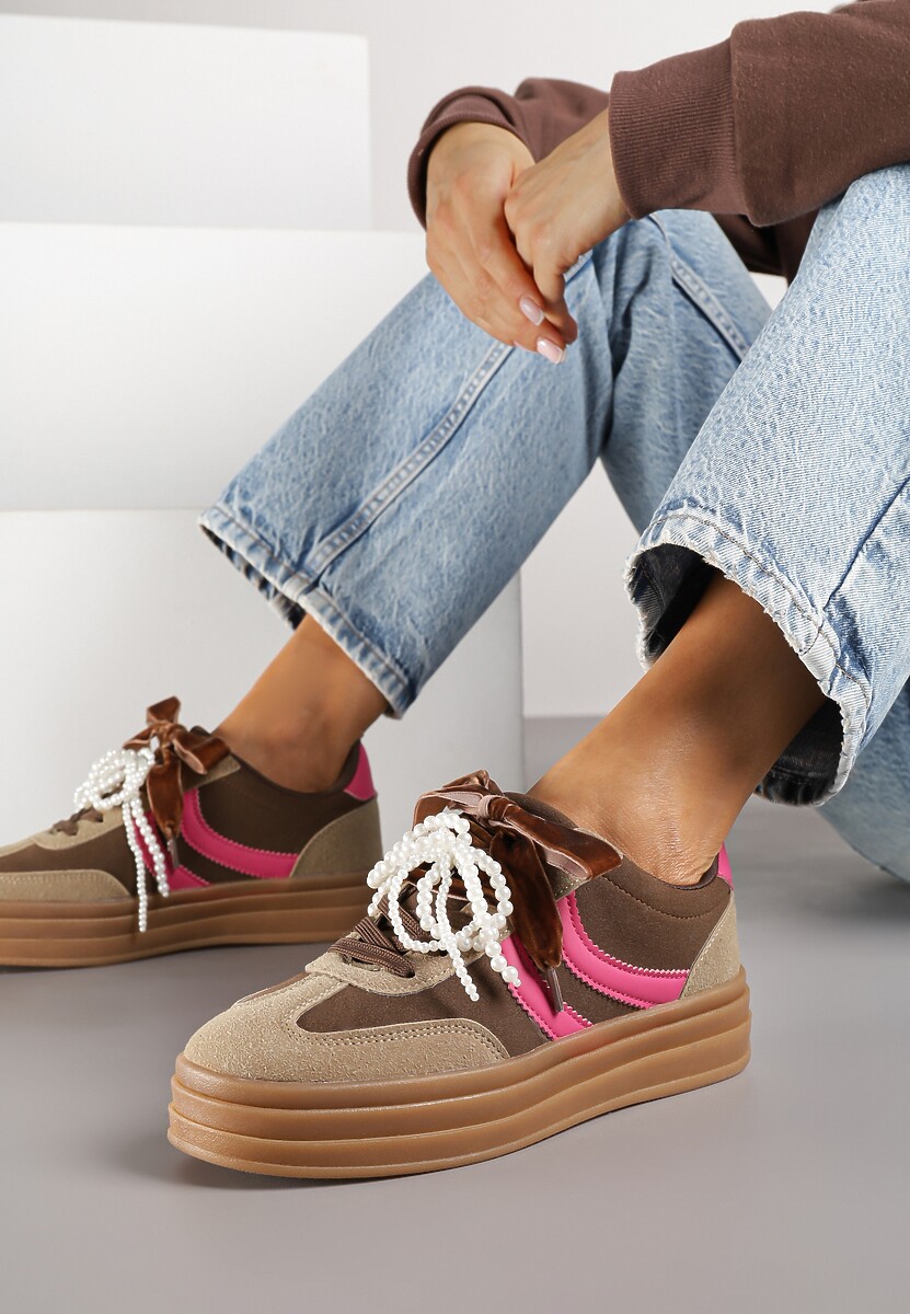 Czarne Sneakersy Tenisówki na Tłoczonej Platformie Ozdobione Perłami Ashinne