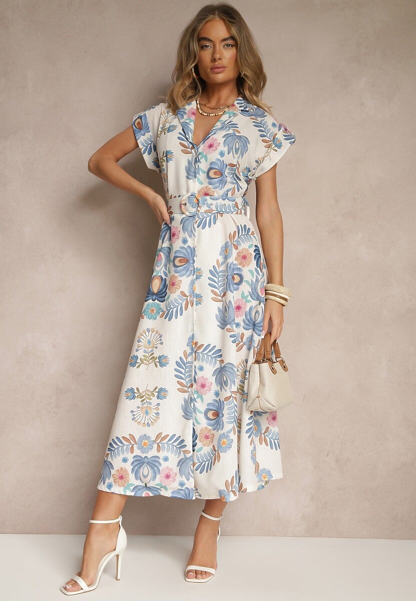 Niebieska Koszulowa Sukienka z Wiskozą z Dodatkowym Paskiem Nitapinia