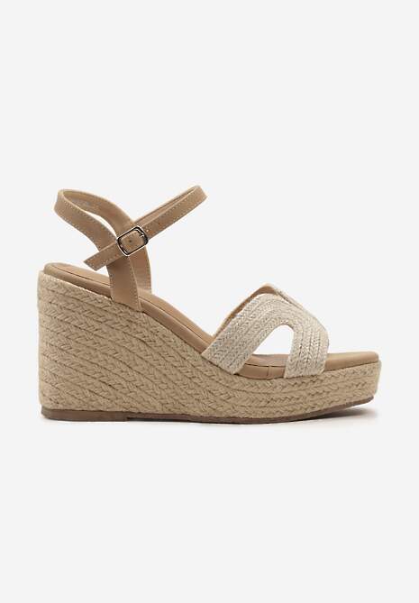 Beżowe Casualowe Sandały na Koturnie w Stylu Boho Comarae
