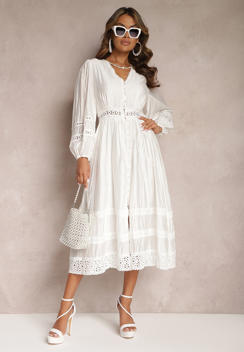 Biała Rozkloszowana Sukienka Midi z Ażurowym Zdobieniem Celira