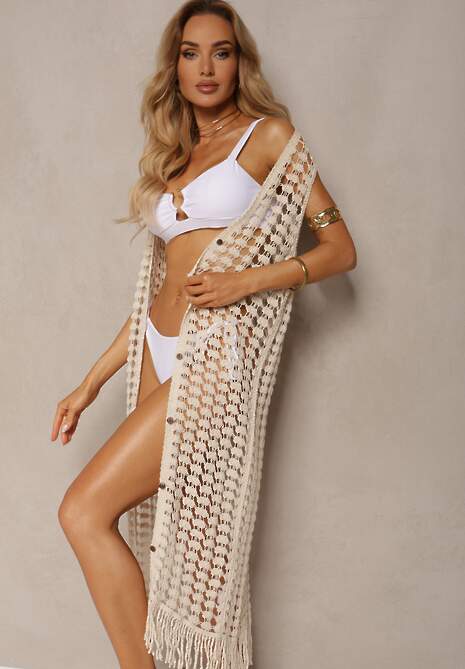 Jasnobeżowa Ażurowa Narzutka z Frędzlami Bez Rękawów na Guziki Zremelia