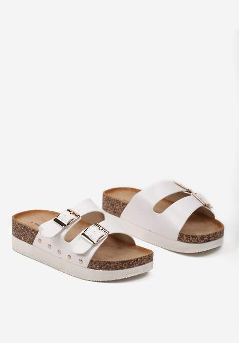 Białe Klapki Chodaki na Grubej Podeszwie z Dwoma Klamrami Steccama