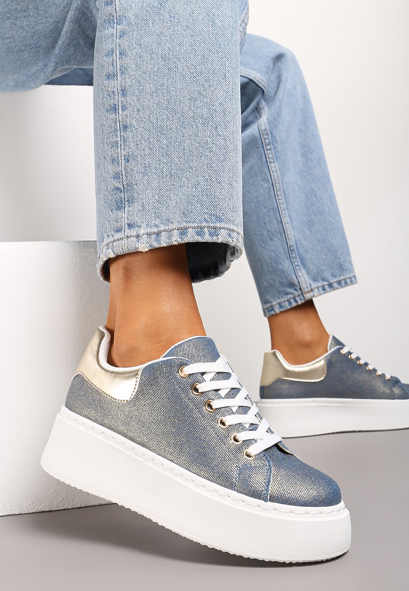 Niebiesko-Złote Sneakersy na Grubej Podeszwie przed Kostkę z Metaliczną Wstawką Morabell