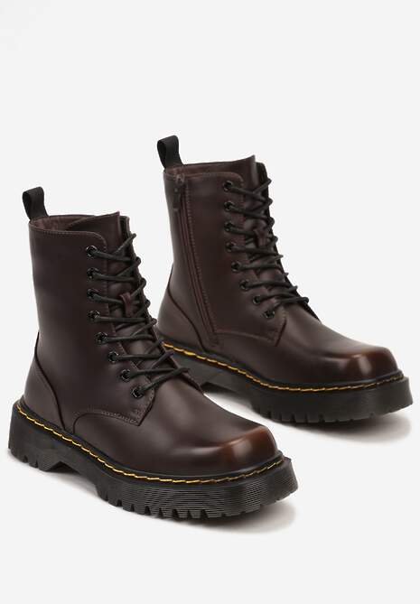 Brązowe Sznurowane Ocieplone Botki na Platformie w Stylu Workerów Crecca