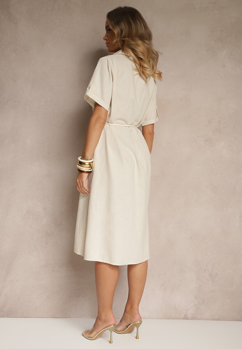 Beżowa Koszulowa Sukienka z Bawełny z Ozdobnym Haftem Saviressa