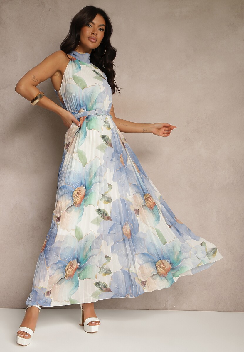 Różowa Plisowana Sukienka z Wiązaniem i Paskiem z Klamrą Nitolia