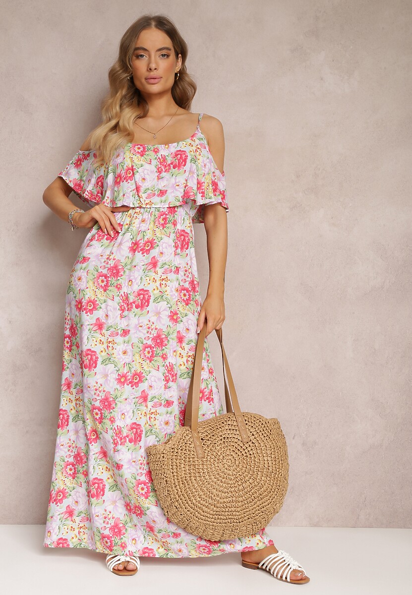 Biało-Czerwona Sukienka Maxi Bawełniana w Kwiaty z Falbanką Saranna