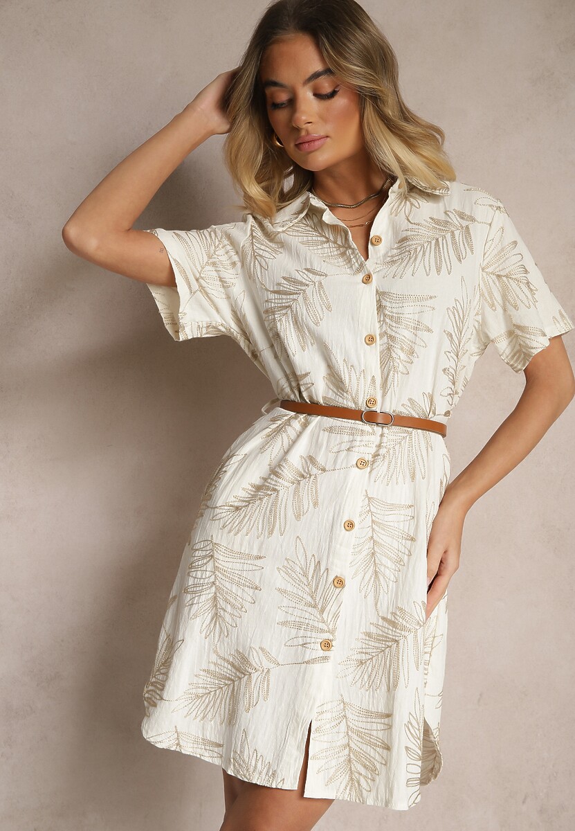 Czarna Bawełniana Sukienka Koszulowa z Paskiem i Motywem Liści Paredia