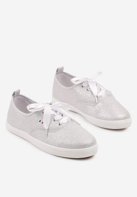 Białe Tenisówki Brokatowe z Ozdobnymi Sznurowadłami Palmena