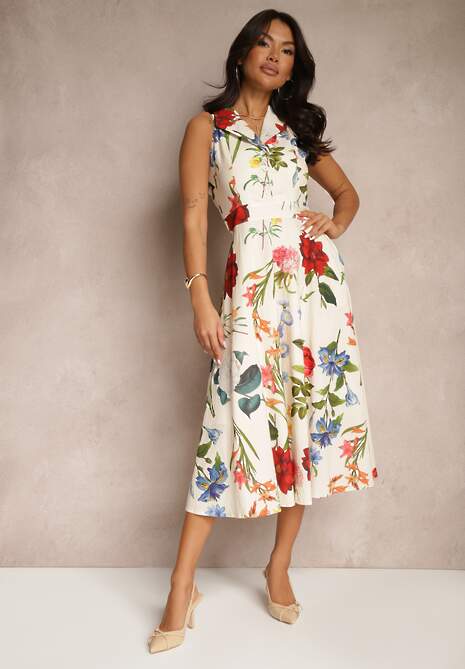 Beżowa Bawełniana Sukienka w Kwiaty Rozkloszowana z Kołnierzykiem Ilaniven