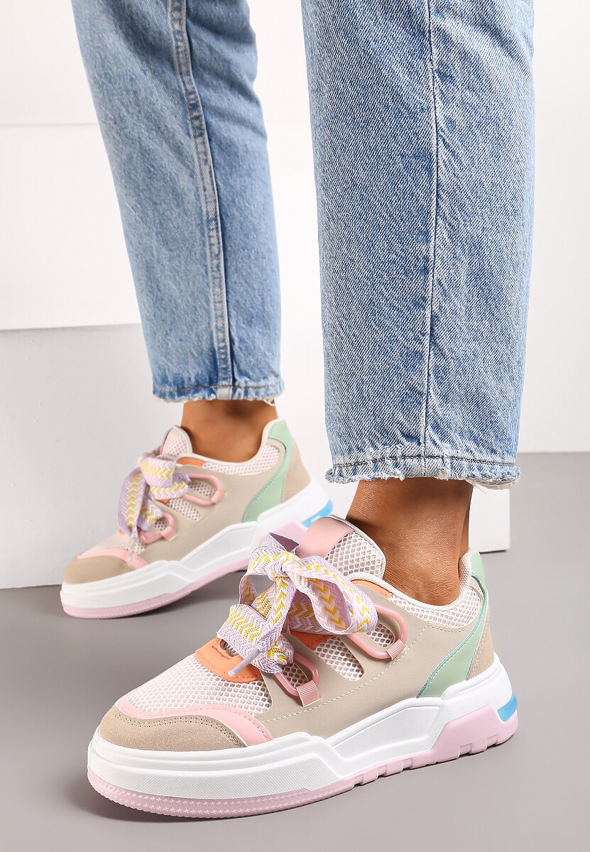 Różowo-Beżowe Sneakersy na Grubej Podeszwie z Ozdobnymi Sznurówkami Zeldema