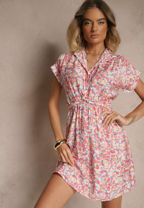 Różowa Sukienka Taliowana z Wiskozą i Ozdobnym Paskiem Delyase