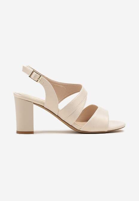 Beżowe Asymetryczne Sandały na Słupkowym Obcasie ze Skórzaną Wkładką Nitolira