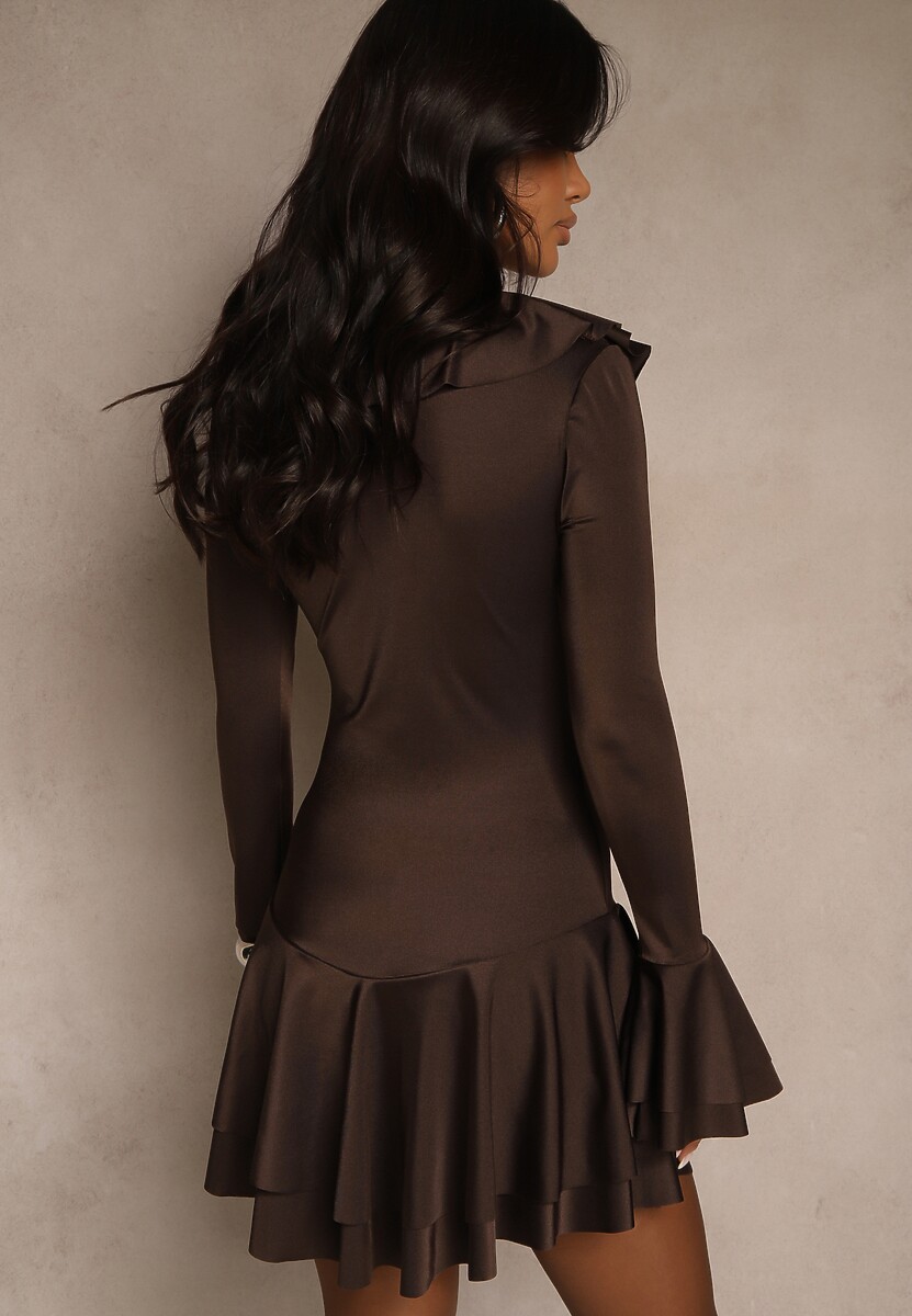 Brązowa Sukienka o Taliowanym Kroju z Falbanami Tiseania