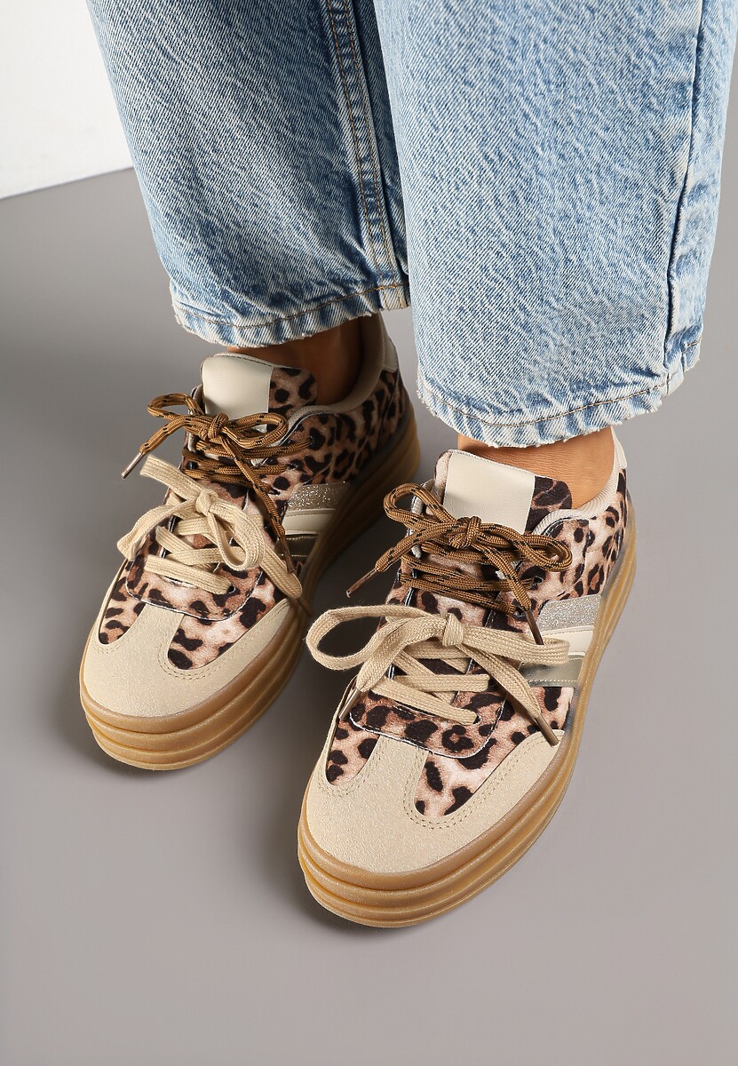 Panterkowe Sneakersy w Stylu Tenisówek Ozdobione Brokatem Teladriena