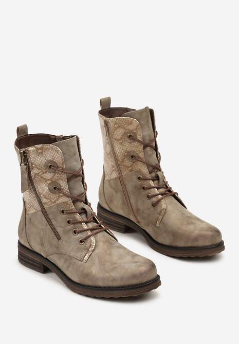 Ciemnobeżowe Botki w Stylu Workerów z Ozdobnym Suwakiem i Wężową Wstawką Vemalora