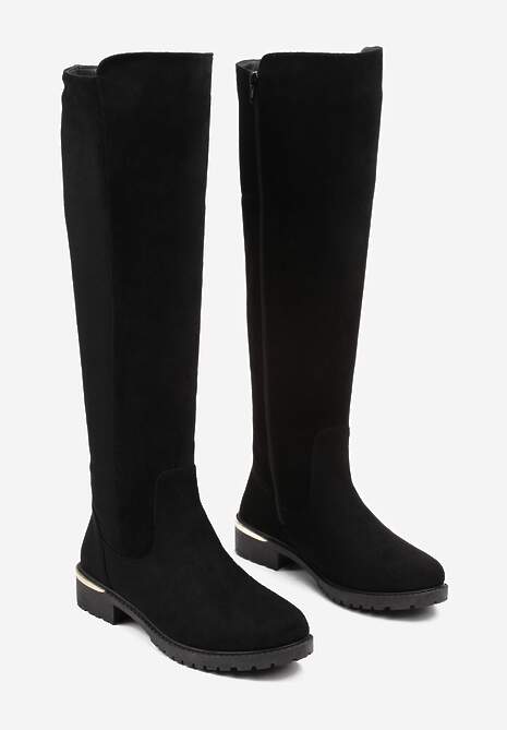 Czarne Kozaki Przed Kolano z Luźną Cholewką i Płaską Podeszwą Prado