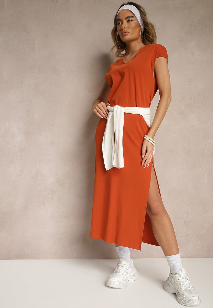 Pomarańczowa Sukienka z Bawełny o Pudełkowym Kroju i Dekolcie w V i Rozcięciami Natindra