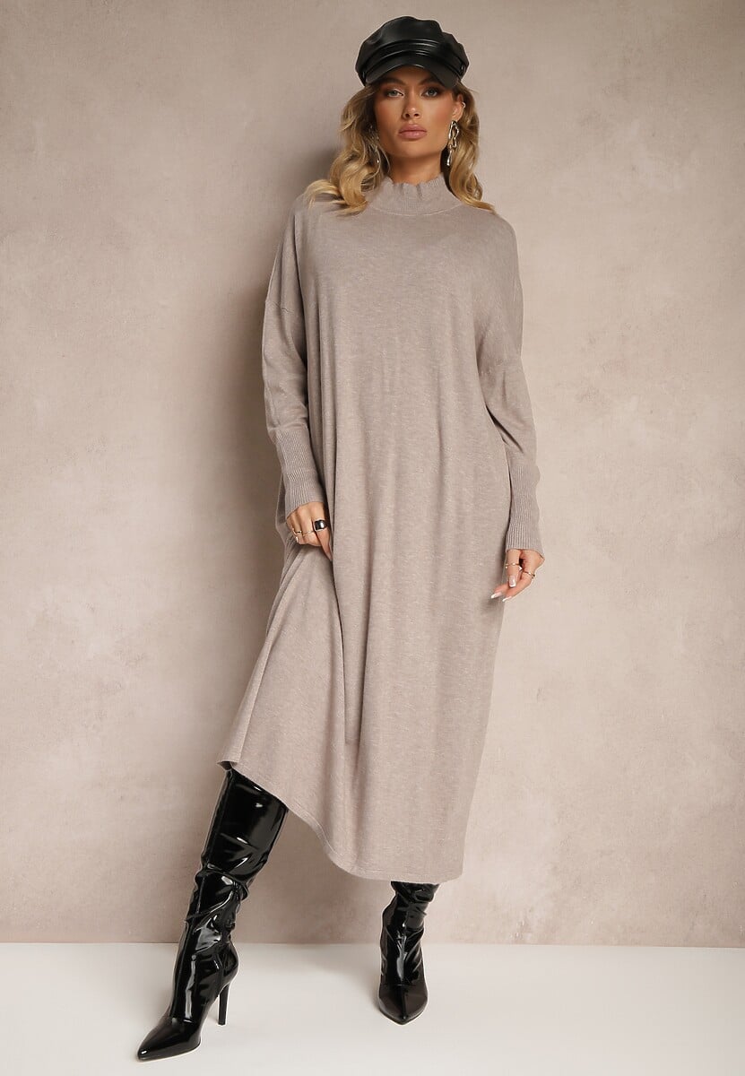 Beżowa Pudełkowa Sukienka Sweterkowa z Wiskozą i Golfem Rinnine