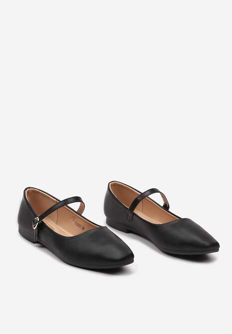 Czarne Balerinki z Paskiem i Smukłym Kwadratowym Noskiem Rosafay