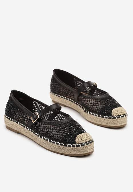 Czarne Espadryle Ozdobione Plecionką i Ażurową Cholewką Rinelona