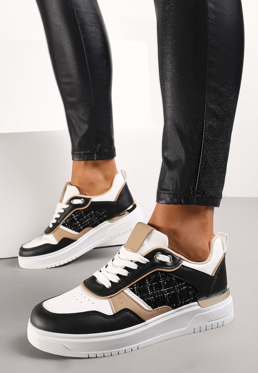 Czarne Sneakersy Ozdobione Wstawką z Tweedowego Materiału Saini