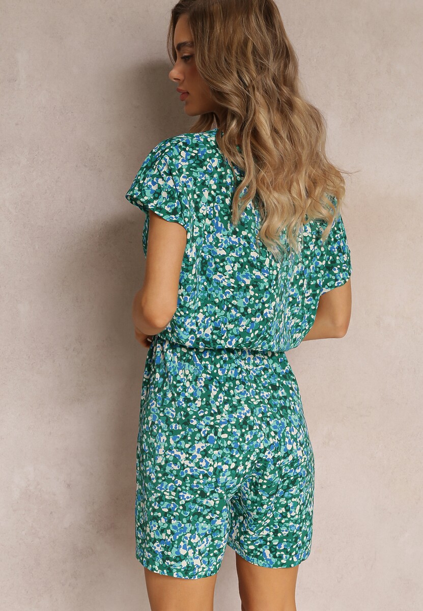 Zielony Kwiecisty Kombinezon z Krótkimi Rękawami i Nogawkami Olyssa