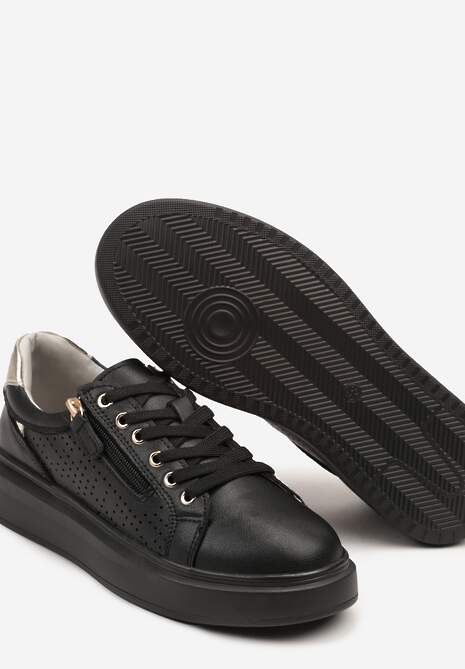 Czarne Sneakersy ze Skóry Naturalnej ze Skórzaną Wkładką i Perforacją Falothra