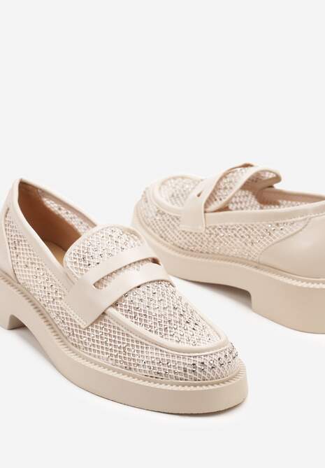 Beżowe Mokasyny przed Kostkę Ozdobione Cyrkoniami i Siateczką Senareth
