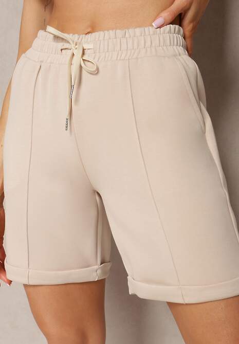 Beżowe Casualowe Szorty High Waist z Kieszeniami Wykończone Gumką Shezetta