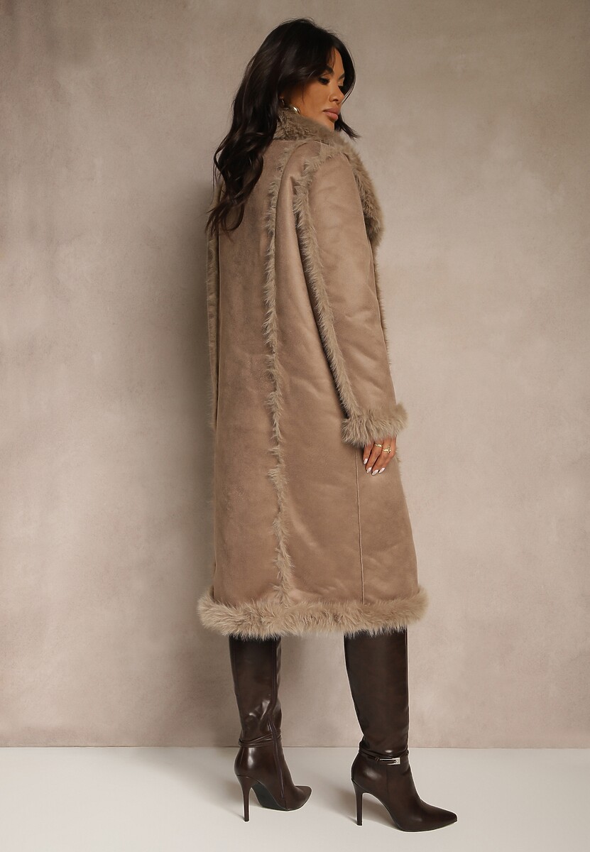 Ciemnobeżowy Dwurzędowy Płaszcz Futerko o Dwustronnym Kroju z Kołnierzem Nalaneva