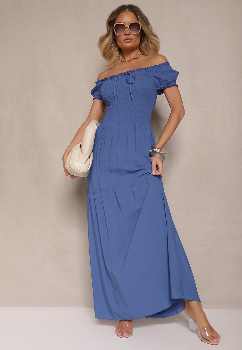 Niebieska Sukienka z Wiskozy w Stylu Hiszpanki Ozdobiona Marszczeniem Jenalena