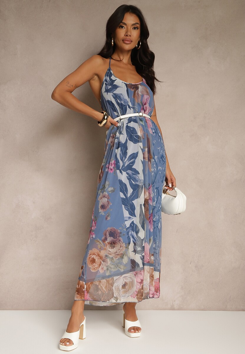 Niebieska Kwiatowa Sukienka Siateczkowa z Wiskozą Izurelia