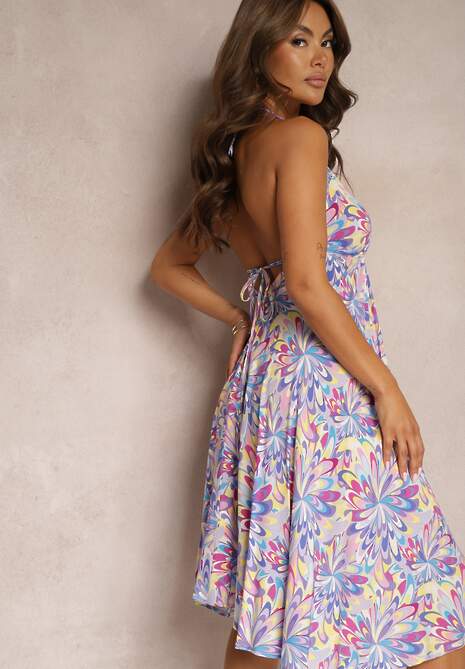 Niebieska Wiązana Sukienka z Bawełny o Rozkloszowanym Kroju Risaltis