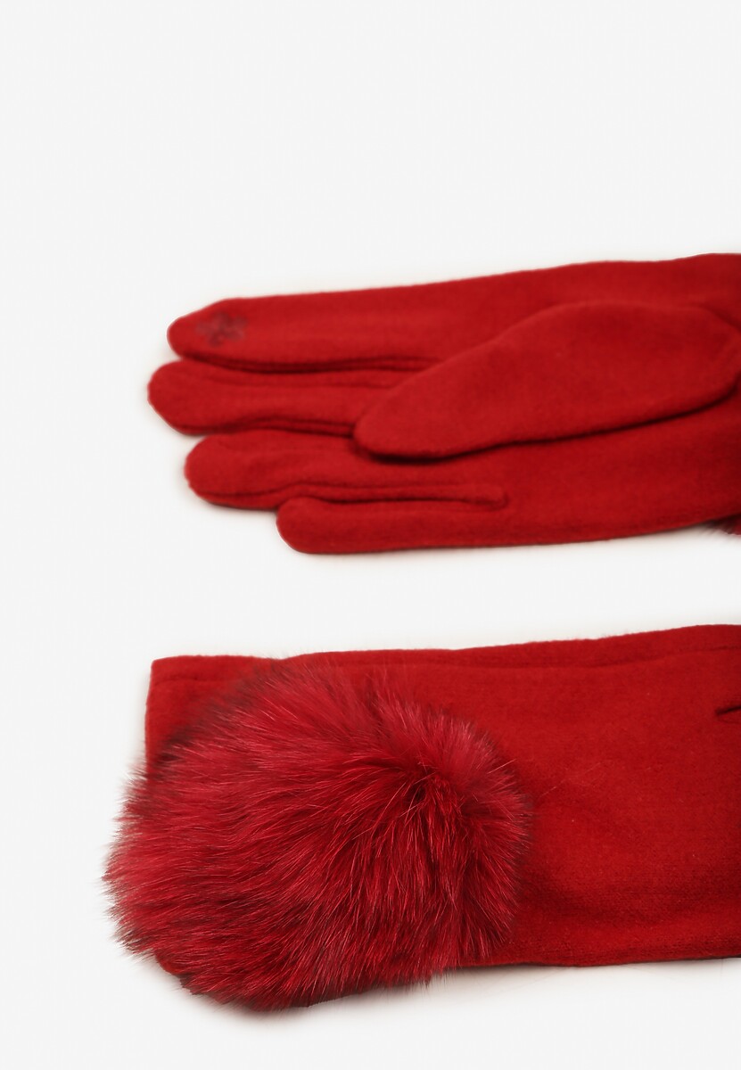 Bordowe Rękawiczki z Bawełną Ozdobione Futrzanym Pomponem Nadelina