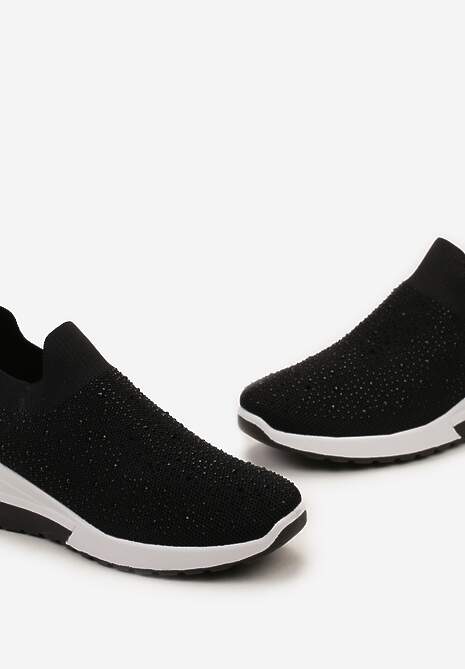 Czarne Wsuwane Sneakersy z Cyrkoniami na Koturnie Tireva