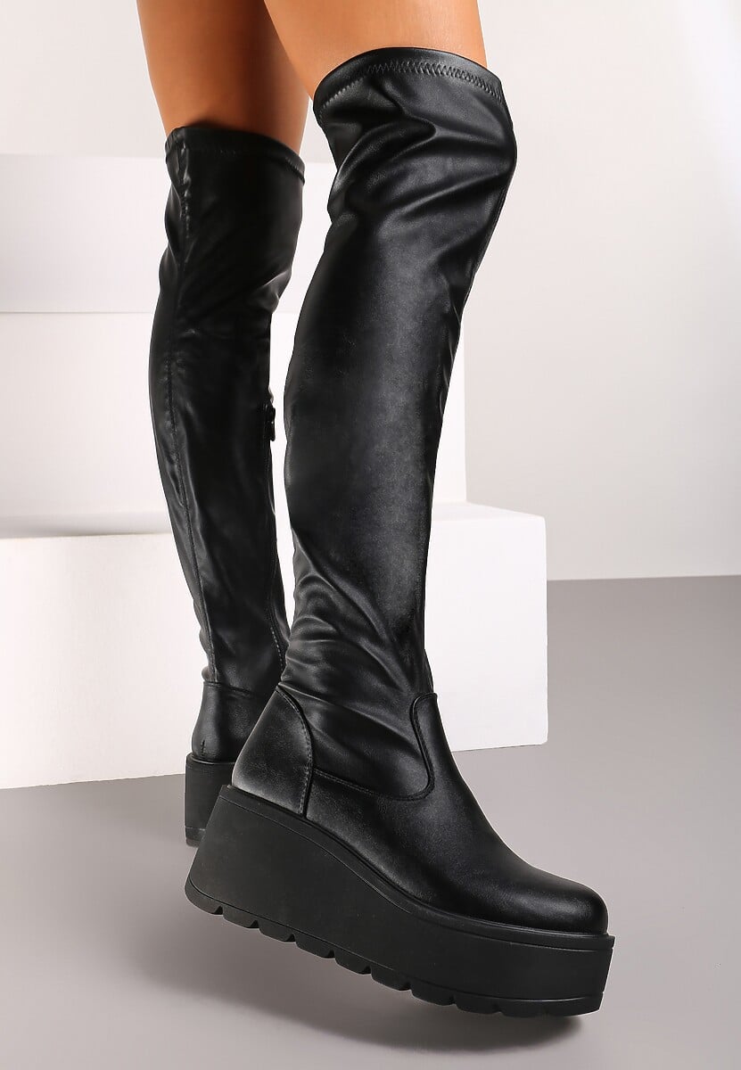 Czarne Casualowe Kozaki na Platformie i Koturnie z Ekoskóry z Dopasowaną Cholewką Erissia