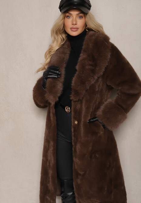 Brązowy Futrzany Płaszcz z Wiązanym Paskiem Ozdobnym Kołnierzem i Mankietami Viaressa