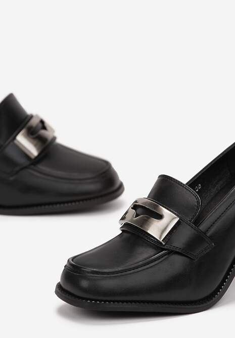 Czarne Półbuty na Słupku z Klamerką i Kwadratowym Noskiem Fenicva